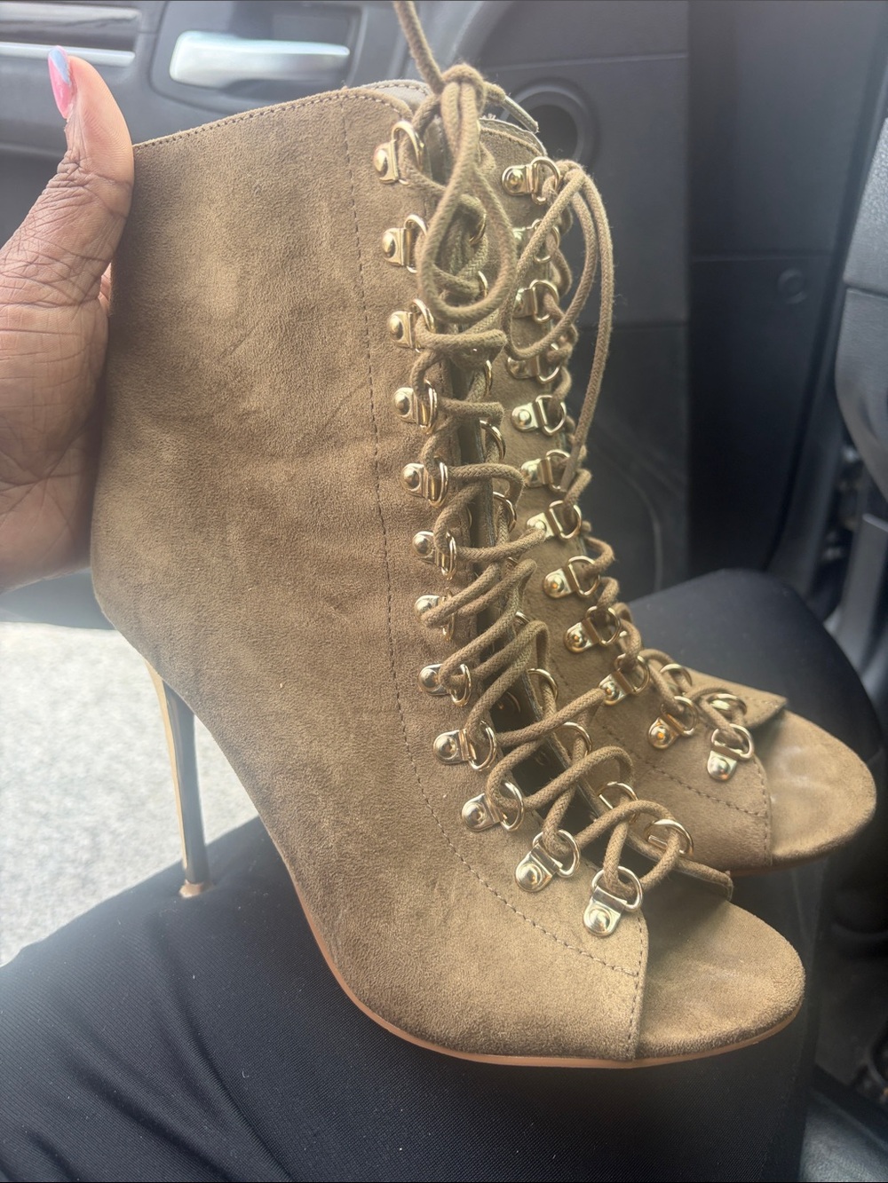 Suede Lace-Up Peep-Toe High Heel Booties - Taupe